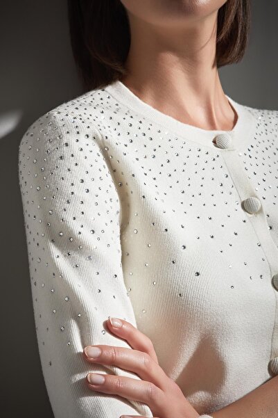 JOIN US Bisiklet Yaka Taş Baskılı Ekru Triko Hırka