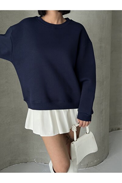 BEJNA Γυναικείο μπλουζάκι με φαρδιά εφαρμογή σε μπλε ναυτικό χρώμα με λαιμόκοψη