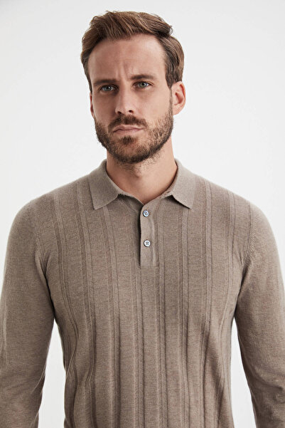 Hemington Polo Yaka Şerit Desenli Kaşmir Tütün Rengi Kazak