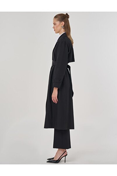 Kayra Men's Collared Long Trench Coat Dark Navy Blue