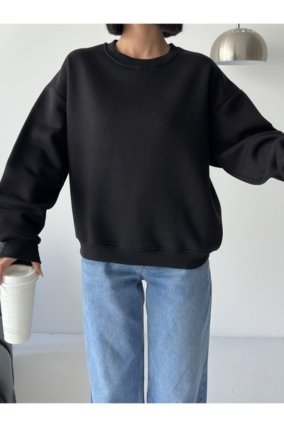 BEJNA Women's Black Loose Fit Crew Neck Basic Sweatshirt