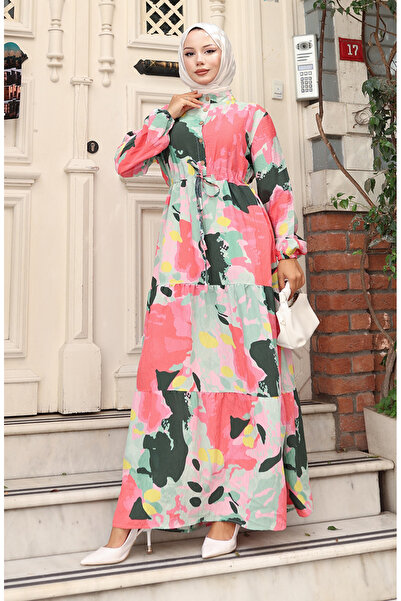 sefamerve Φόρεμα από ύφασμα με κορδόνια στη μέση 0166-01 Dusty Rose Green