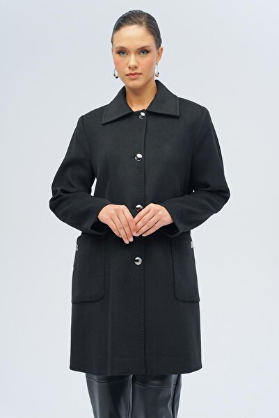 Olcay Shirt Collar Bag Pocket Detailed Plus Size Coat Black 3132