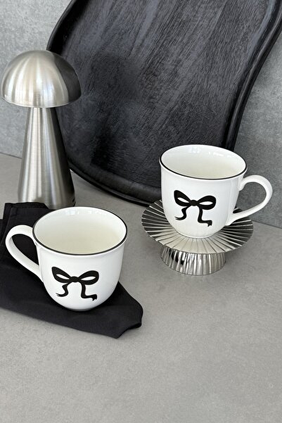 porselenden Bow Porcelain 2-Piece Mug Cup Large Size Black Ribbon Patterned