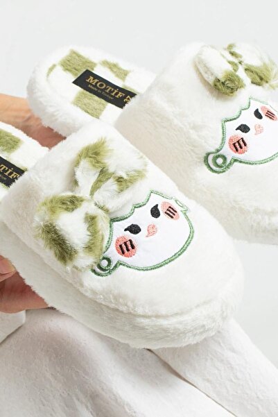 FUGA MODA Παπιές γυναικείες παντόφλες για το σπίτι με λευκό-πράσινο παπιγιόν, κεντημένες με βελούδινο χαρακτήρα