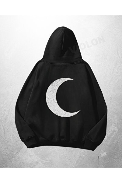 Violon Μαύρο Unisex Φούτερ με κουκούλα με στάμπα σύμβολο φεγγαριού, oversized