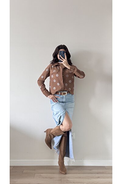 LOCH BUTİK Women's Tan Stone Long Sleeve Pocketed Buttoned Suede Jacket