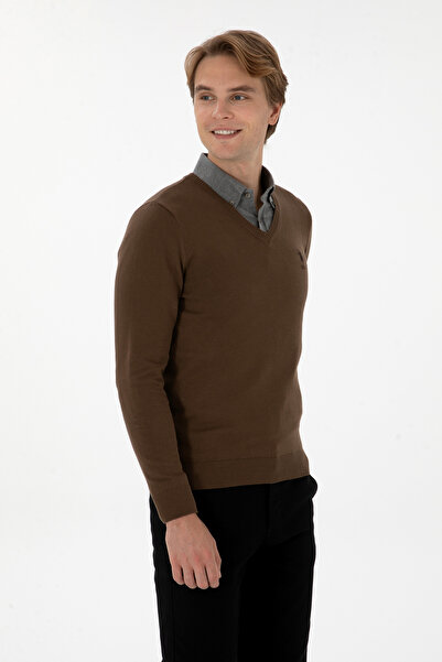 U.S. Polo Assn. Men's Khaki Sweater With V-Neck And Embroidered Logo