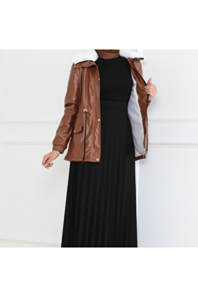 BURCU TESETTÜR Kürk Yaka Detaylı Belden Bağcıklı Su Geçirmez Tesettür Mont- B...