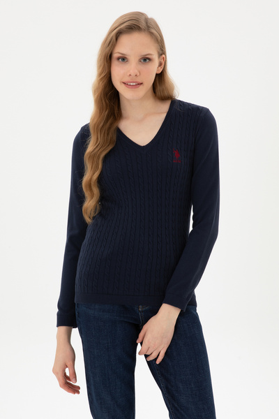 U.S. Polo Assn. Pulover Dama Pe Bleumarin Cu Guler In V Si Textura Cable