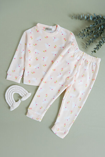 Fulla Moda Tavşan Desenli Bisiklet Yaka Polar Kız Çocuk Pijama Takımı