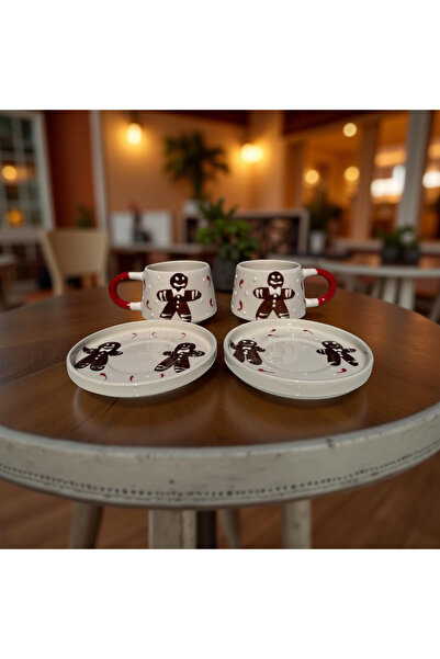 İlbay Çini Takı New Year's Gingerbread Man Patterned 2-Piece Handcrafted Ceramic Classic Mug with Saucer