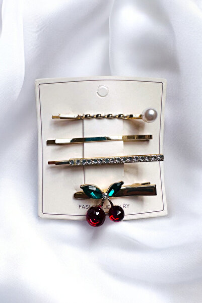 PETEK AKSESUAR 3 Pieces of Cherry Clip with Stone and Pearl, 5.5 Cm.