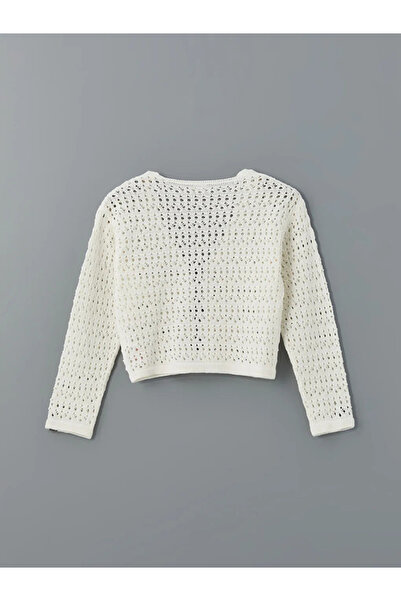 LC Waikiki Lcw Kids Ecru V-Neck Openwork Girl's Knitwear Cardigan