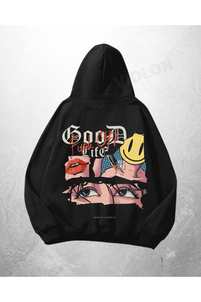 Violon Μαύρο Unisex Φούτερ με κουκούλα με στάμπα Good Life, Oversize