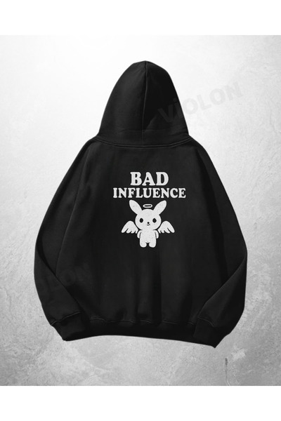 Violon Μαύρο Unisex Φούτερ με κουκούλα με στάμπα Bad Influence σε μεγάλο μέγεθος