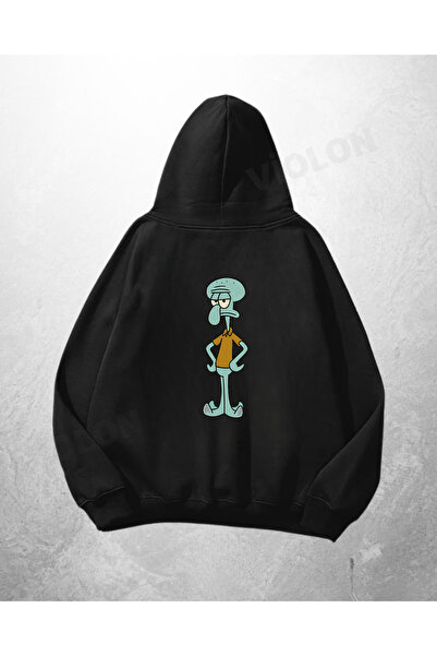 Bravebell Hanorac negru unisex, supradimensionat, cu imprimeu Squidward în pi...