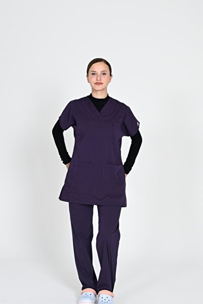 HEMİ K.Mor Lycra Hijab Bat Sleeve Doctor and Nurse Uniform Set Hospital Uniform