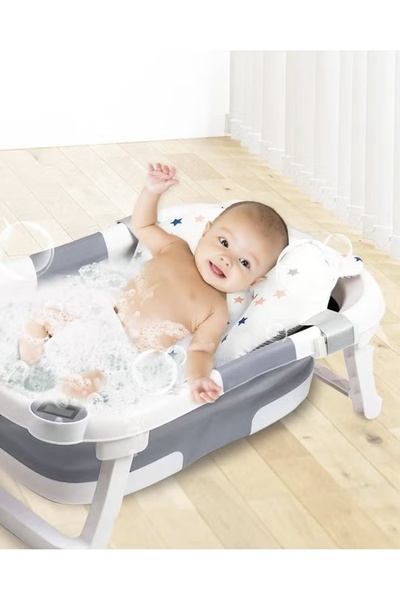 Un Foldable Baby Bath Tub with Mat and Temperature Sensing Thermometer for Babies and Newborns