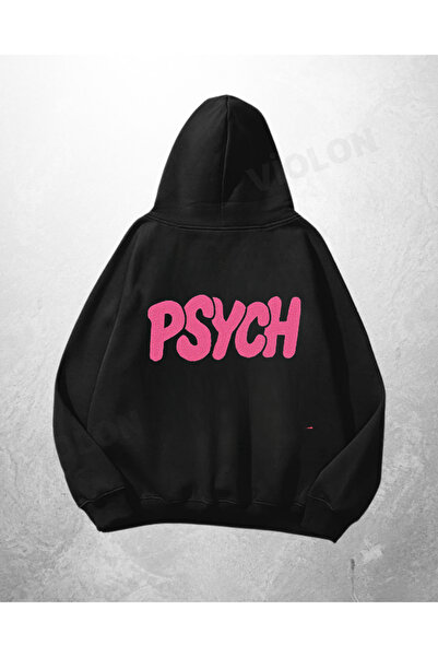 Bravebell Hanorac negru unisex cu imprimeu Psych Detail, supradimensionat