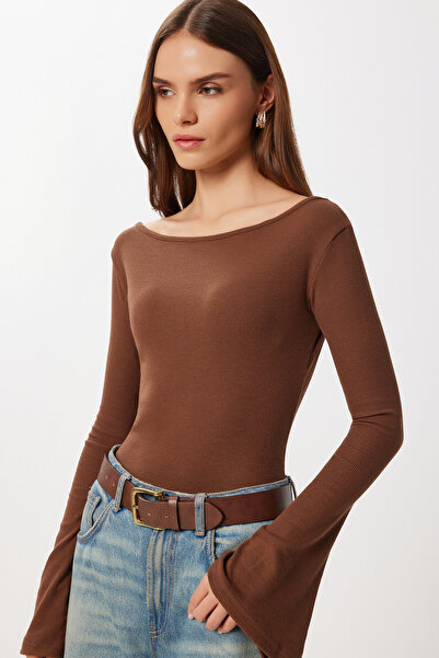 Lovelyİstanbul Saranská základní pletená halenka s zvonovými rukávy LEN0040 HNĚDÁ