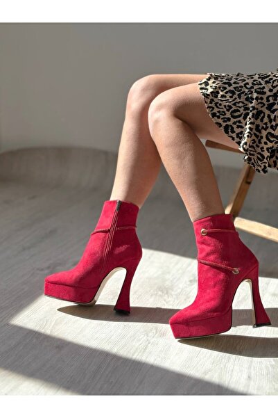 SHOEBOURNE Red Suede Pointed Toe Stone Detailed Stylish High Heel Platform Boots