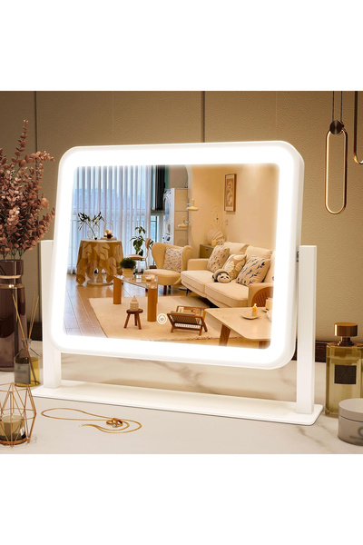 Elindor Oglindă cosmetică albă cu lumină LED la 360°, blat de masă, buton tac...