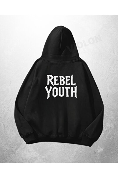 Violon Μαύρο Unisex Φούτερ με κουκούλα Rebel Youth με στάμπα Oversize