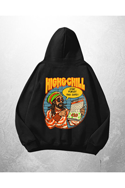 Violon Μαύρο Unisex Φούτερ με κουκούλα, Oversize, με στάμπα High & Chill