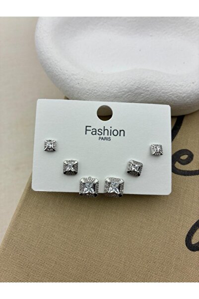 Hedef Bijuteri Zirkon Taşlı Gümüş Renk 6'lı Kare Model Küpe Seti