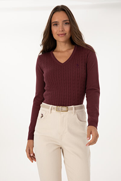 U.S. Polo Assn. Women's Burgundy Sweater With V-Neck And Cable Texture