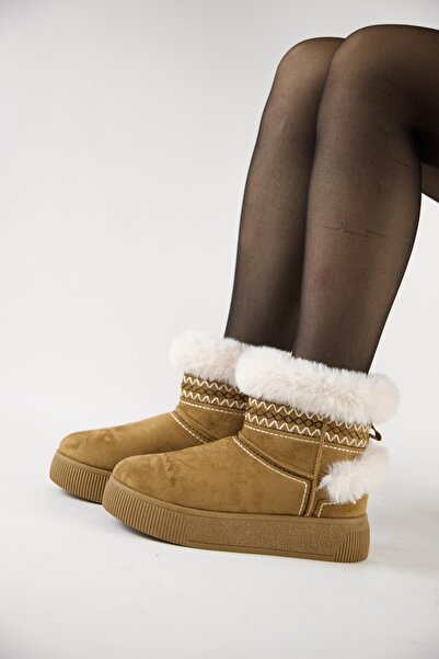 stato 219851142-11 Kadın Yumuşak Rahat Kürklü Bot - Tekstil Süet Kışlık Taba Bot