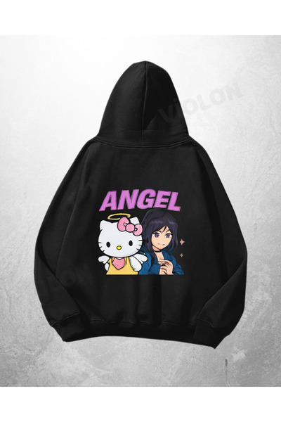 Violon Hanorac negru unisex cu glugă supradimensionată, imprimat cu Angel Hel...