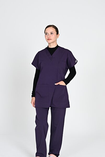 HEMİ K.Mor Lycra Hijab Bat Sleeve Doctor and Nurse Uniform Set Hospital Uniform