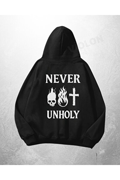 Violon Hanorac negru unisex, supradimensionat, cu imprimeu Never Unholy