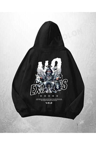 Violon Μαύρο Unisex Φούτερ με κουκούλα με στάμπα  "No Excuses " σε μεγάλο μέγ...