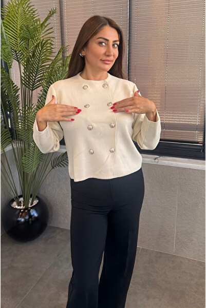 MİR STORE Kruvaze Düğmeli Ekru Triko Hırka