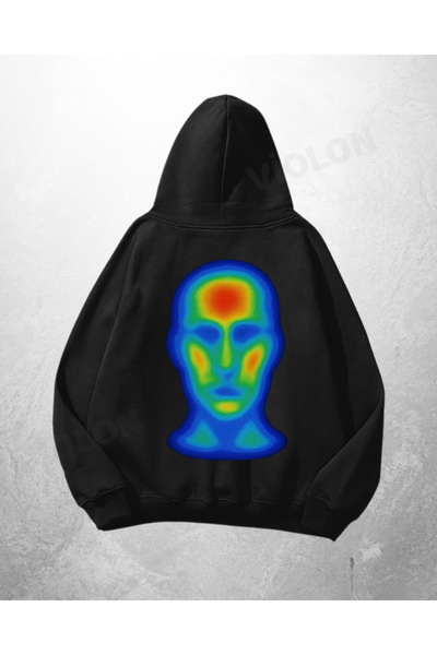 Bravebell Hanorac negru unisex supradimensionat cu imprimeu Head Heatmap