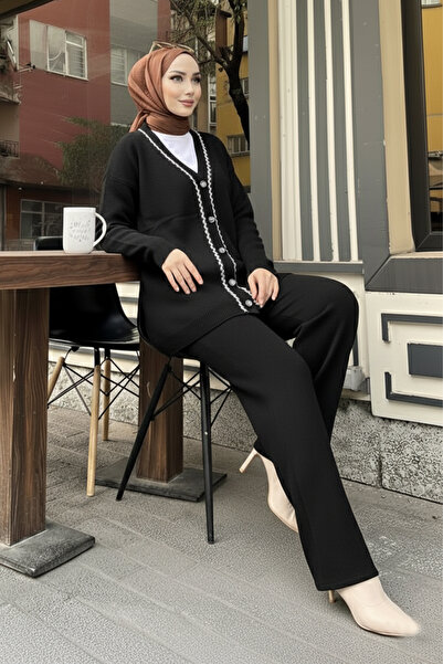 giyze Şerit Detaylı Triko Ceket Takım H25302 Siyah