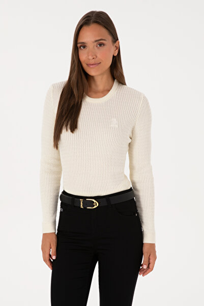 U.S. Polo Assn. Pulover Dama Pe Bej Cu Guler Rotund Si Textura Cable