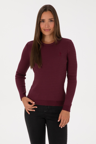 U.S. Polo Assn. Women's Sweater in Burgundy Amaranth with Round Collar and Cable Texture