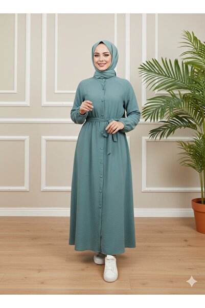 MERVERA MÜSLİN BOYDAN DÜĞMELİ FERACE TESETTÜR ELBİSE