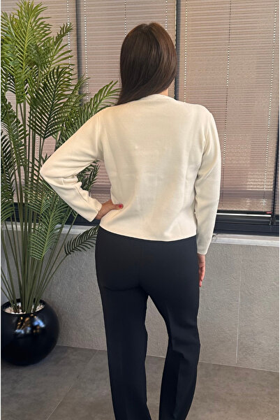 MİR STORE Kruvaze Düğmeli Ekru Triko Hırka