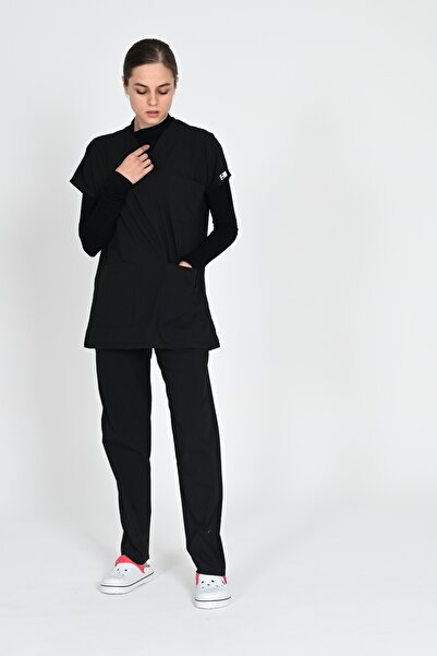 HEMİ Siyah Likralı Tesettür Yarasa Kol Doktor Ve Hemşire Forma Takımı Hastane Üniforması