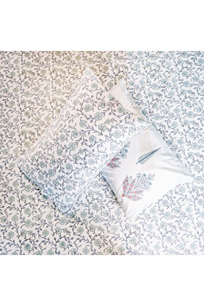 SARAS LABEL Heritage Block Print 100% Cotton Percale Bedsheet with 2 Pillowcases