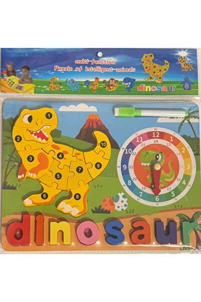 Dartonia Puzzle educativ 2 în 1 din lemn 30x22 cm - Dinozaur și ceas multifuncțional