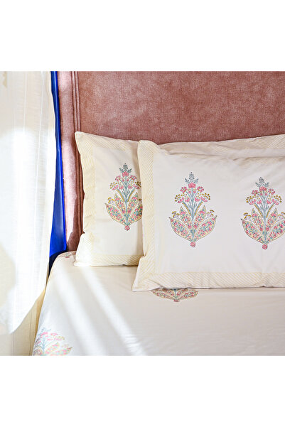 SARAS LABEL Heritage Block Print 100% Cotton Percale Bedsheet with 2 Pillowcases