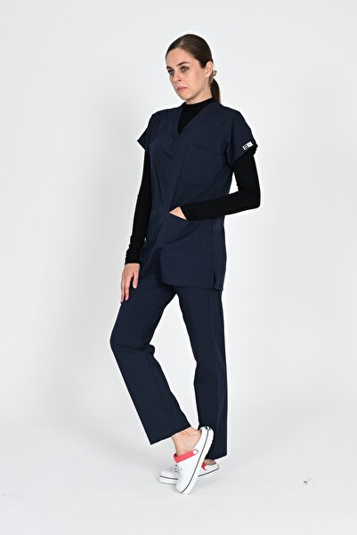 HEMİ Lacivert Likralı Tesettür Yarasa Kol Doktor Ve Hemşire Forma Takımı Hastane Üniforması