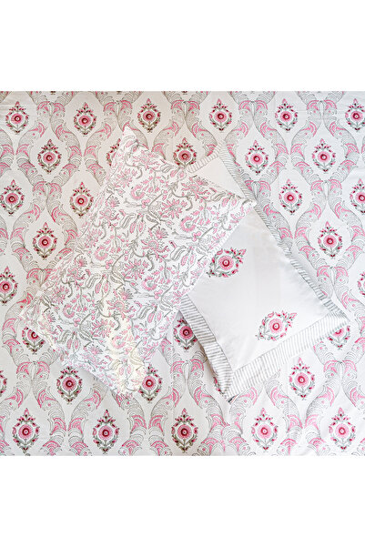 SARAS LABEL Heritage Block Print 100% Cotton Percale Bedsheet with 2 Pillowcases