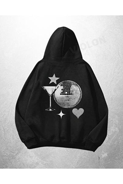 Bravebell سويت شيرت بقلنسوة كبير الحجم مطبوع عليه نمط كرة الديسكو باللون الأس...